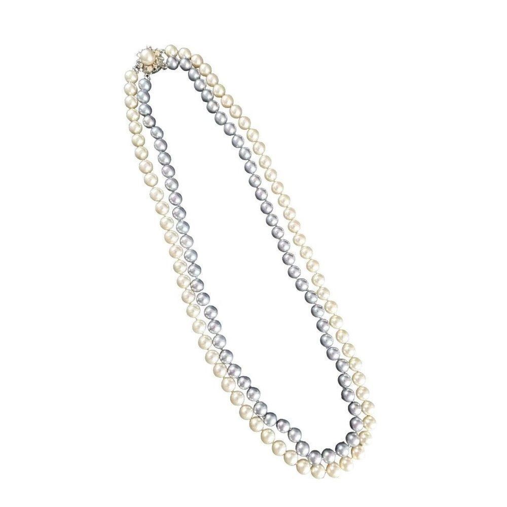 Vintage Jewelry Double Strand Layered Ivory Grey Blue Long Faux Pearl Necklace